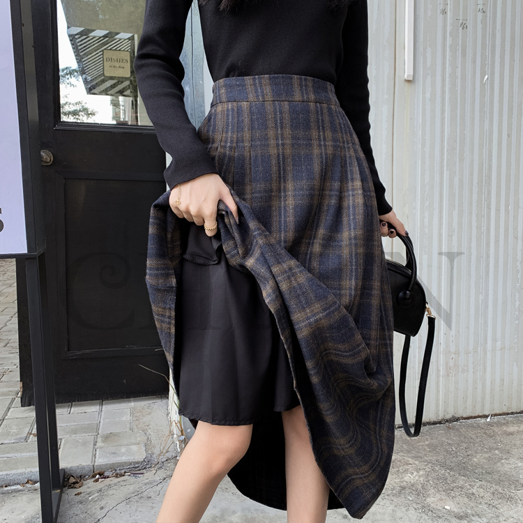 秋冬ラシャスカートマキシスカート チェック柄 ハイウエスト ラシャスカート 気質 オシャレ エレ 40代 50代ファッション きれいめ 
