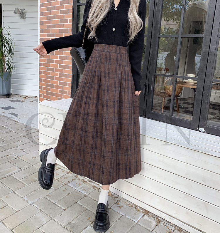 秋冬ラシャスカートマキシスカート チェック柄 ハイウエスト ラシャスカート 気質 オシャレ エレ 40代 50代ファッション きれいめ 