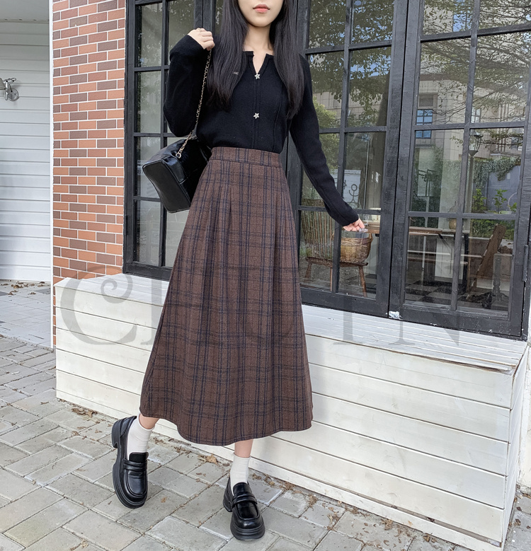 秋冬ラシャスカートマキシスカート チェック柄 ハイウエスト ラシャスカート 気質 オシャレ エレ 40代 50代ファッション きれいめ 