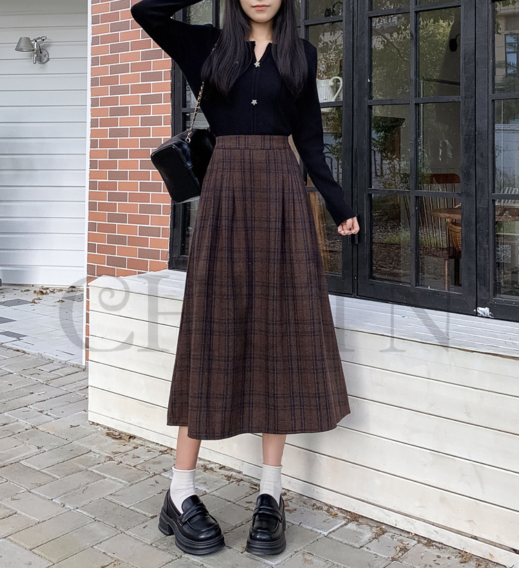 秋冬ラシャスカートマキシスカート チェック柄 ハイウエスト ラシャスカート 気質 オシャレ エレ 40代 50代ファッション きれいめ 