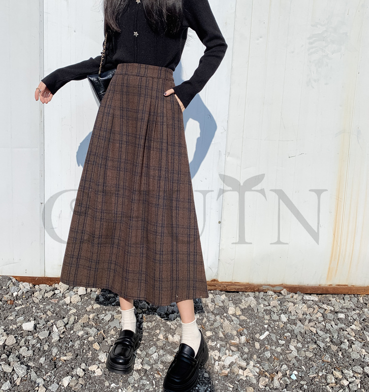 秋冬ラシャスカートマキシスカート チェック柄 ハイウエスト ラシャスカート 気質 オシャレ エレ 40代 50代ファッション きれいめ 