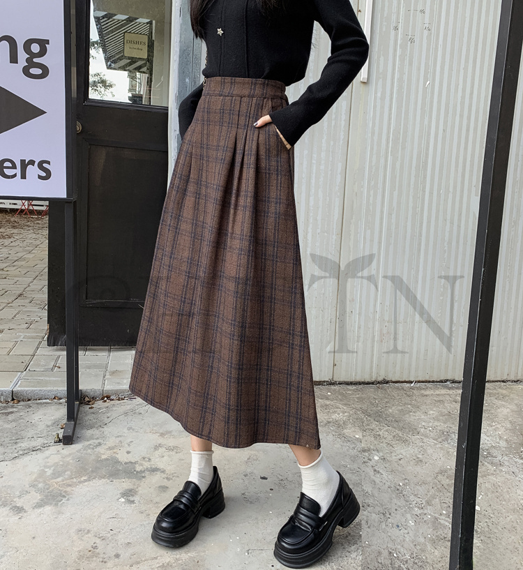 秋冬ラシャスカートマキシスカート チェック柄 ハイウエスト ラシャスカート 気質 オシャレ エレ 40代 50代ファッション きれいめ 