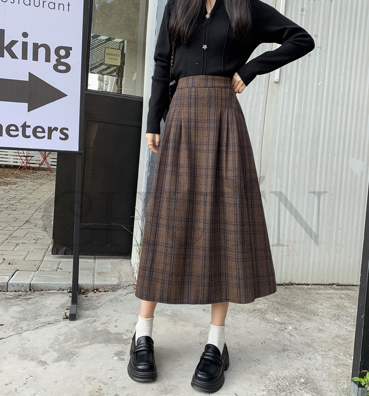 秋冬ラシャスカートマキシスカート チェック柄 ハイウエスト ラシャスカート 気質 オシャレ エレ 40代 50代ファッション きれいめ 