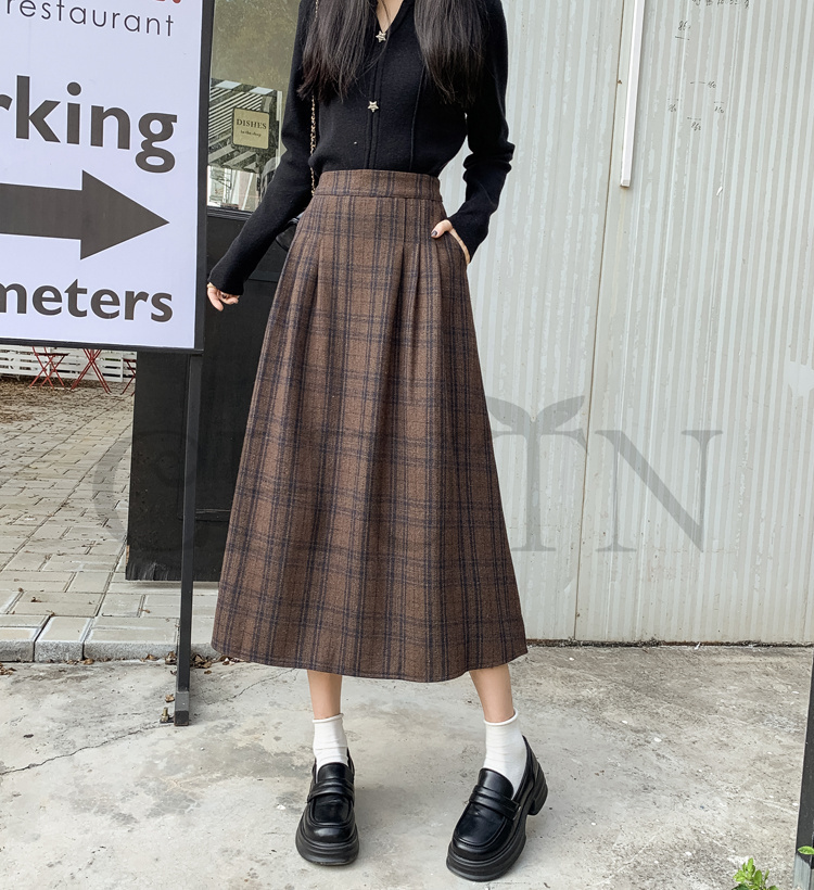 秋冬ラシャスカートマキシスカート チェック柄 ハイウエスト ラシャスカート 気質 オシャレ エレ 40代 50代ファッション きれいめ 