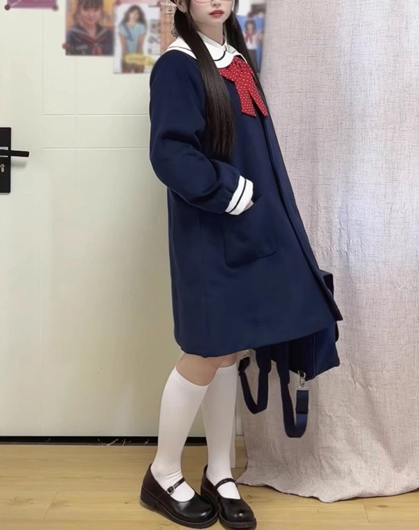 ステンカラーコート セーラーコート 冬服 リボン レディース ジャケット 秋 パフスリーブ ボリューム袖 コート ミディアムコート 