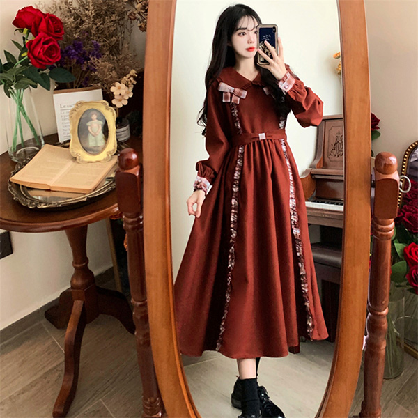 ワンピース 冬服 秋冬 長袖 フレンチ レトロ 大きいサイズ エレファッション リボン Aライン お出かけ レディース かわいい おしゃれ 