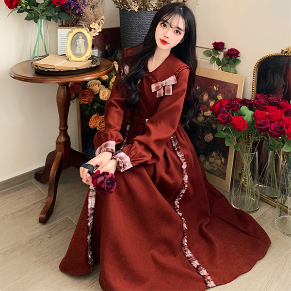 ワンピース 冬服 秋冬 長袖 フレンチ レトロ 大きいサイズ エレファッション リボン Aライン お出かけ レディース かわいい おしゃれ 
