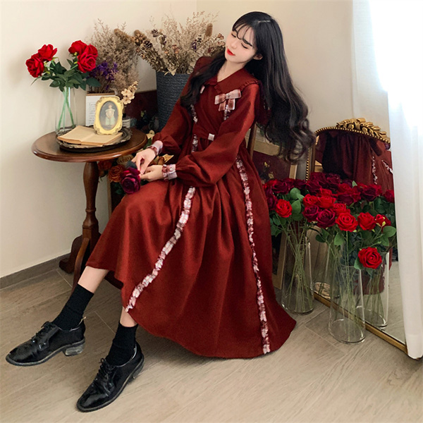 ワンピース 冬服 秋冬 長袖 フレンチ レトロ 大きいサイズ エレファッション リボン Aライン お出かけ レディース かわいい おしゃれ 