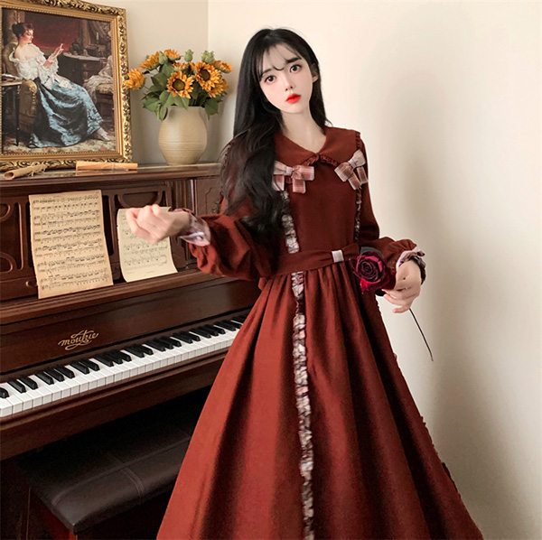 ワンピース 冬服 秋冬 長袖 フレンチ レトロ 大きいサイズ エレファッション リボン Aライン お出かけ レディース かわいい おしゃれ 