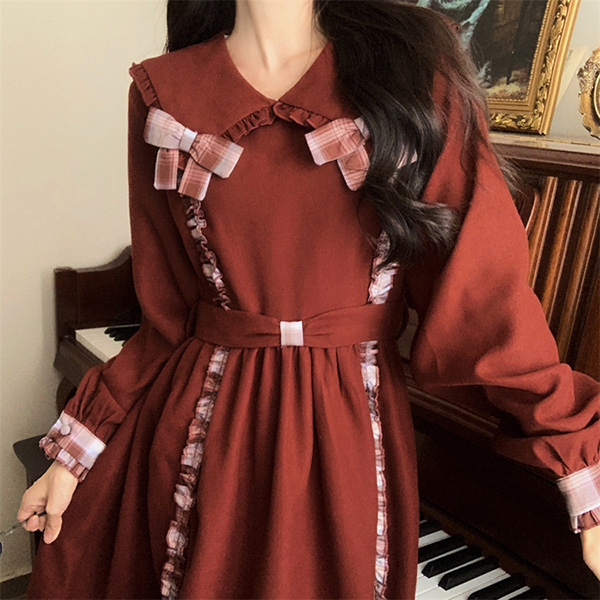 ワンピース 冬服 秋冬 長袖 フレンチ レトロ 大きいサイズ エレファッション リボン Aライン お出かけ レディース かわいい おしゃれ 