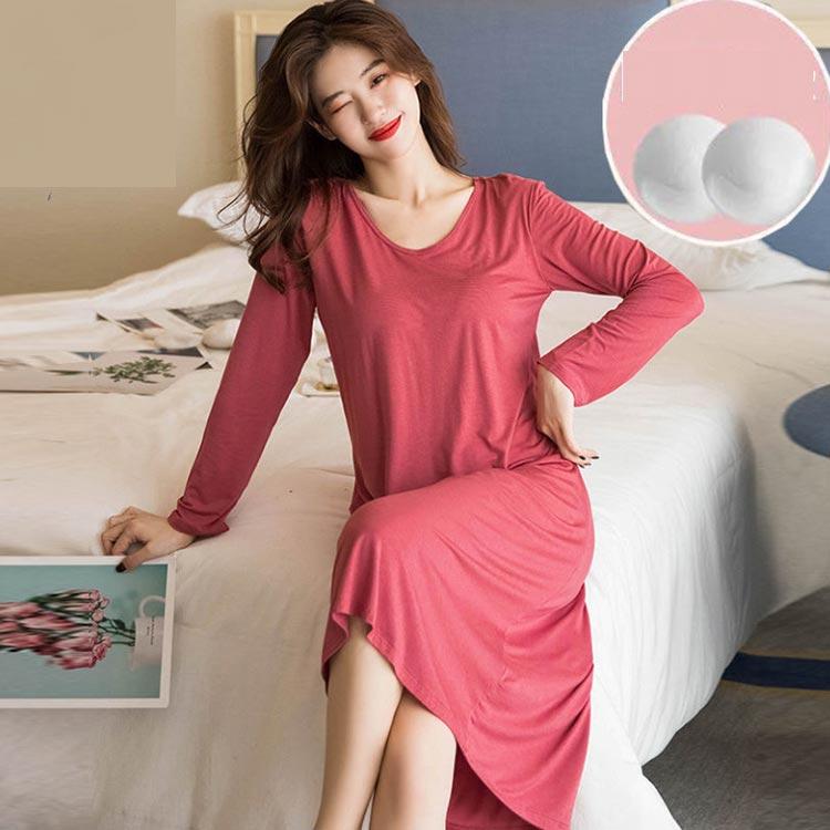 カップ付き ルームウェア レディース 長袖 ワンピース Uネック 柔らかい ゆったり 部屋 ナイトウェア ブラつき インナー ロング丈 パジャマ 快適 