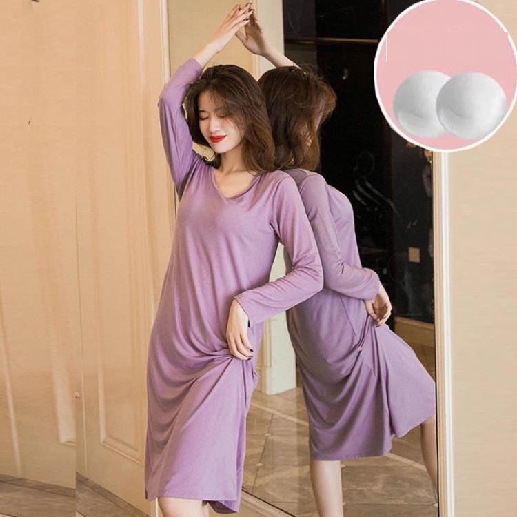 カップ付き ルームウェア レディース 長袖 ワンピース Uネック 柔らかい ゆったり 部屋 ナイトウェア ブラつき インナー ロング丈 パジャマ 快適 