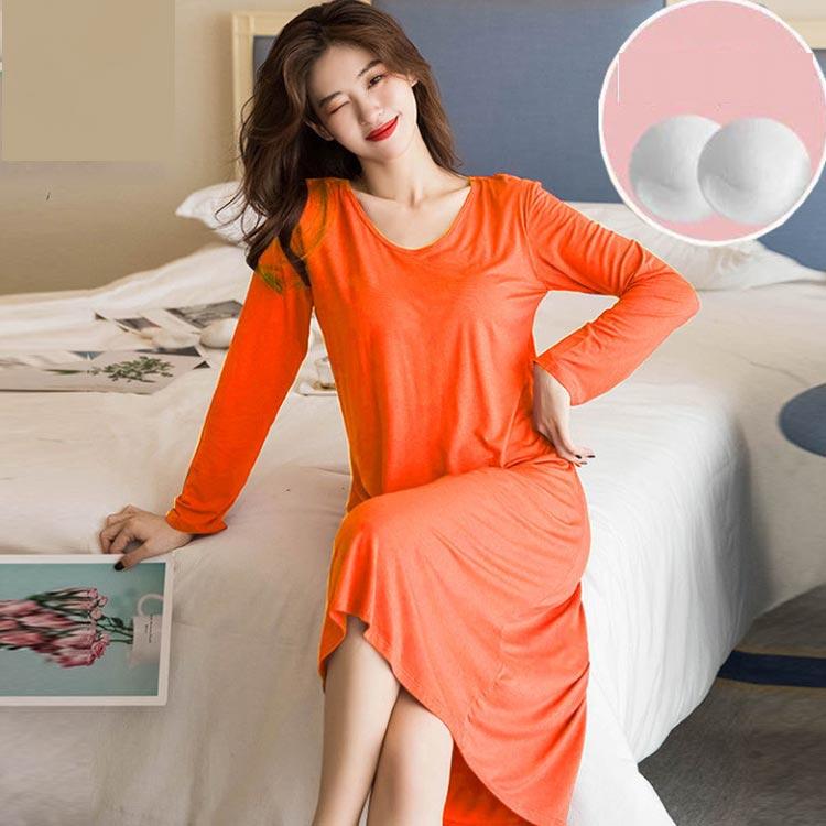 カップ付き ルームウェア レディース 長袖 ワンピース Uネック 柔らかい ゆったり 部屋 ナイトウェア ブラつき インナー ロング丈 パジャマ 快適 