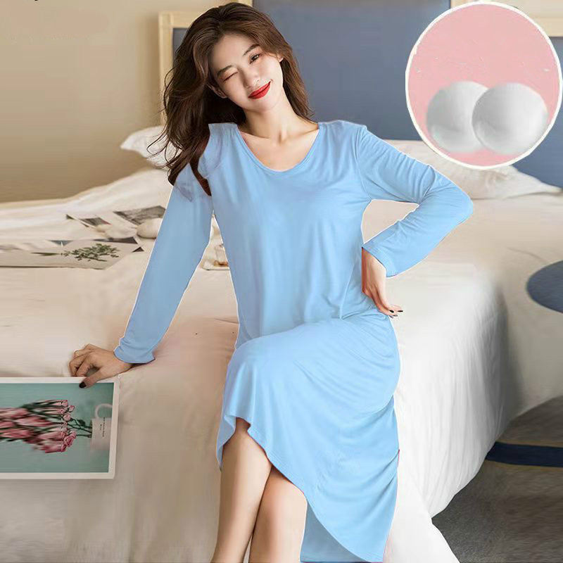 カップ付き ルームウェア レディース 長袖 ワンピース Uネック 柔らかい ゆったり 部屋 ナイトウェア ブラつき インナー ロング丈 パジャマ 快適 