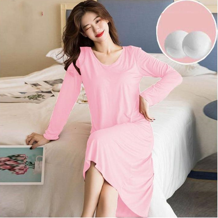 カップ付き ルームウェア レディース 長袖 ワンピース Uネック 柔らかい ゆったり 部屋 ナイトウェア ブラつき インナー ロング丈 パジャマ 快適 