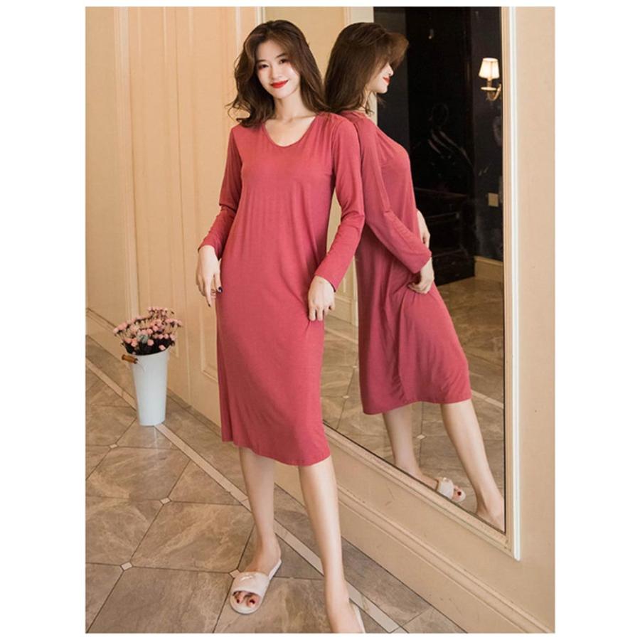 カップ付き ルームウェア レディース 長袖 ワンピース Uネック 柔らかい ゆったり 部屋 ナイトウェア ブラつき インナー ロング丈 パジャマ 快適 