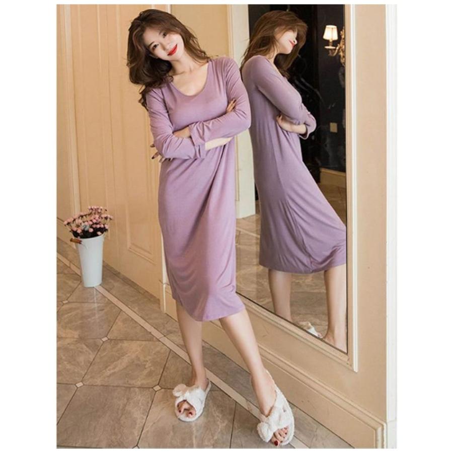 カップ付き ルームウェア レディース 長袖 ワンピース Uネック 柔らかい ゆったり 部屋 ナイトウェア ブラつき インナー ロング丈 パジャマ 快適 