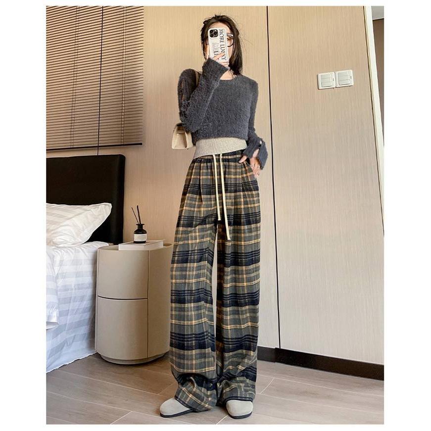 ロングパンツ レディース チェックパンツ 2TYPE 裏起毛 ゆったり ワイドパンツ ズボン チェック柄 暖かい ハイウェスト カジュアル 防寒 