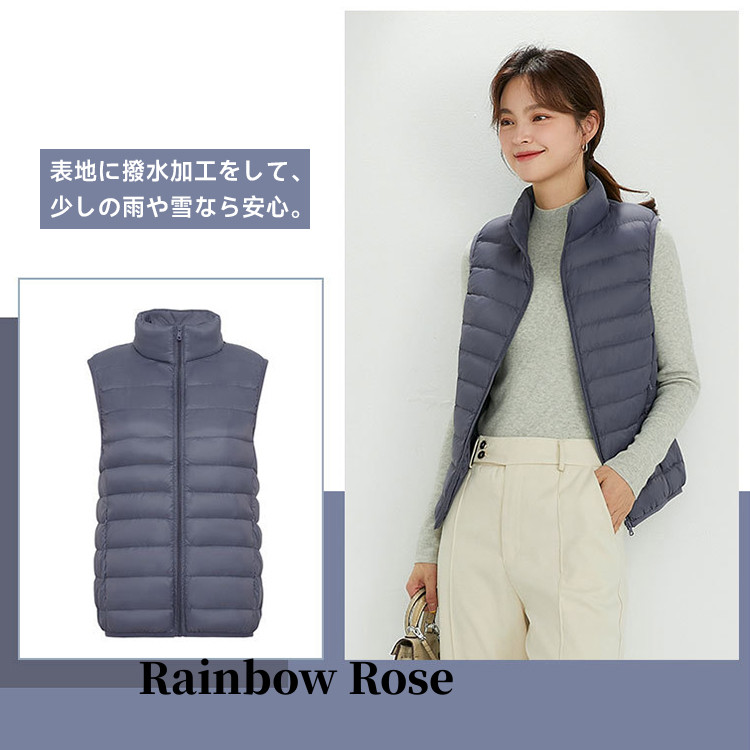 ダウンベストレディース インナーダウン ベスト ノースリーブ ライトダウン ダウン90% ローズ ファスナーポケット 軽量 キャンプ S-5L 山登り 秋冬 薄手 登山 