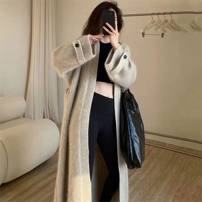 ニットカーディガン レディース ロングカーディガン 長袖 前開き 羽織り コート シンプル カジュアル 送料無料 秋冬 体型カバーレトロ ロングアウター 厚手 