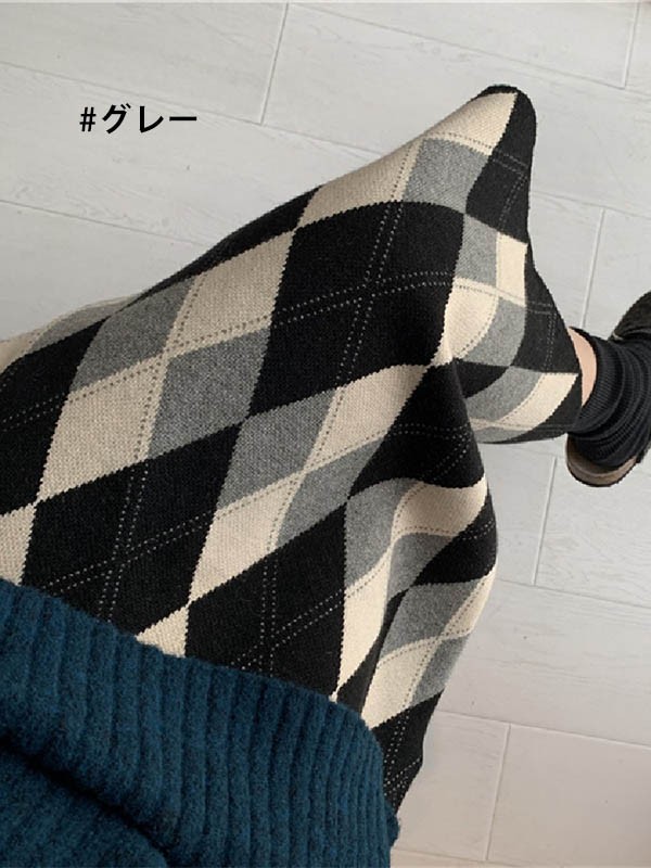 スカート 秋冬 大人女子 レディース タイトスカート あったか ミモレ丈 バックスリット入り アーガイルチェック スウェート ひざ下丈スカート 