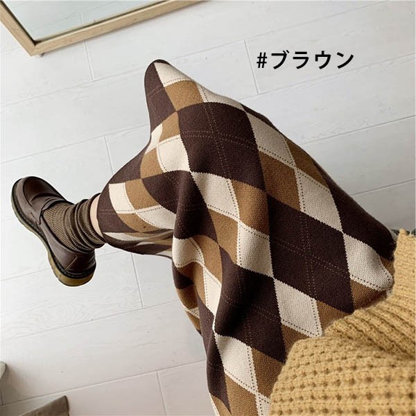 スカート 秋冬 大人女子 レディース タイトスカート あったか ミモレ丈 バックスリット入り アーガイルチェック スウェート ひざ下丈スカート 