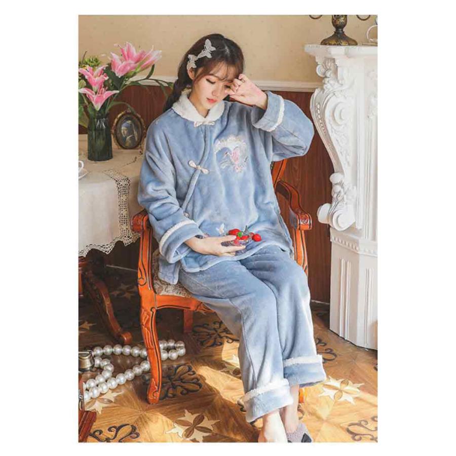 部屋着 長袖 極暖 チャイナ風 冬 上下セット 暖かい 裏起毛 クリスマス あったかい ルームウェア 着る パジャマ マイクロファイバー レディース 