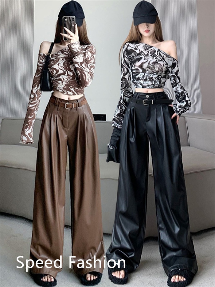 PU レザーワイドレッグパンツ レディース バギーパンツ ロング丈 ハイウエスト ワイドレッグパンツ ボ体型カバー 大人 ズボン カジュアル 