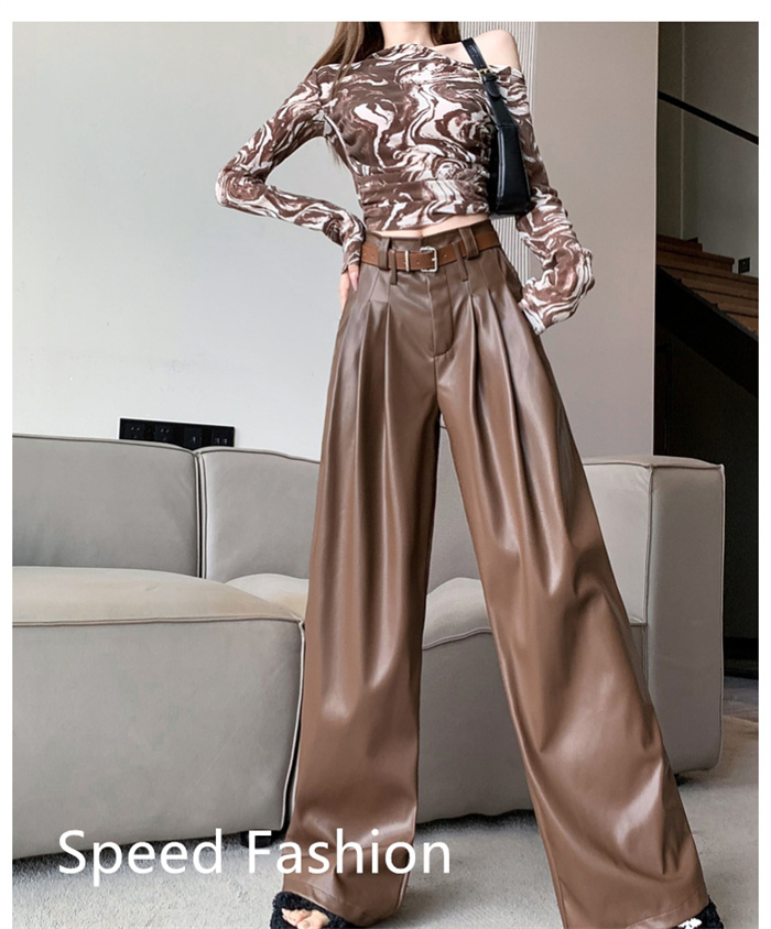 PU レザーワイドレッグパンツ レディース バギーパンツ ロング丈 ハイウエスト ワイドレッグパンツ ボ体型カバー 大人 ズボン カジュアル 