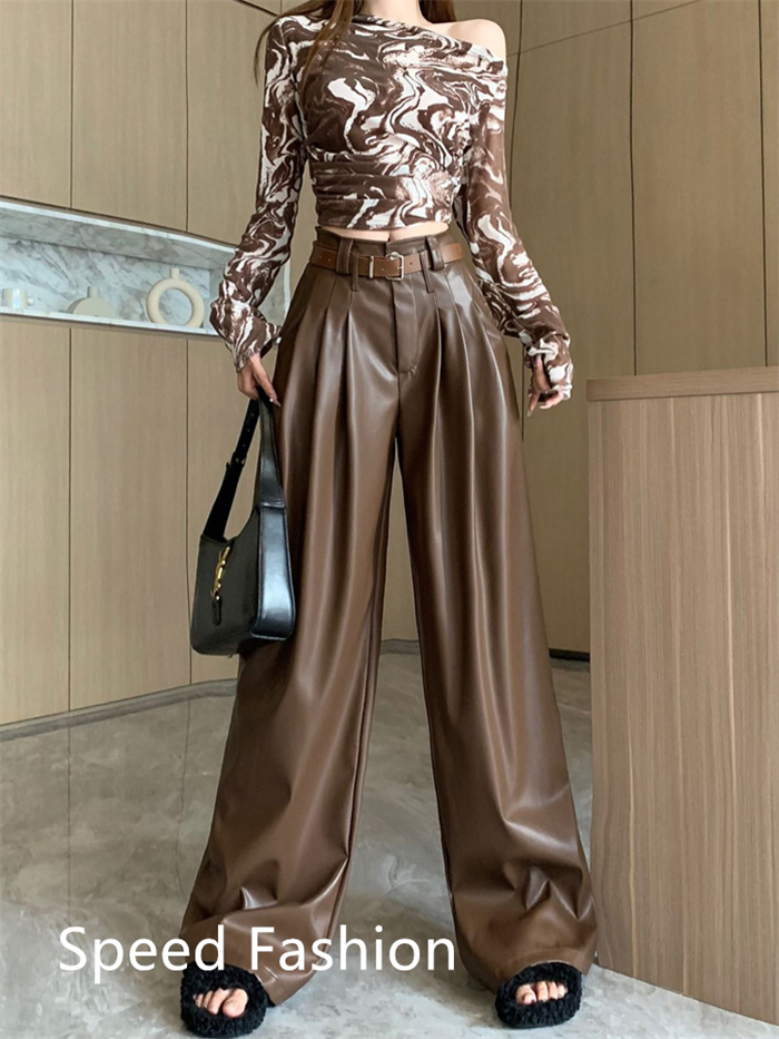 PU レザーワイドレッグパンツ レディース バギーパンツ ロング丈 ハイウエスト ワイドレッグパンツ ボ体型カバー 大人 ズボン カジュアル 