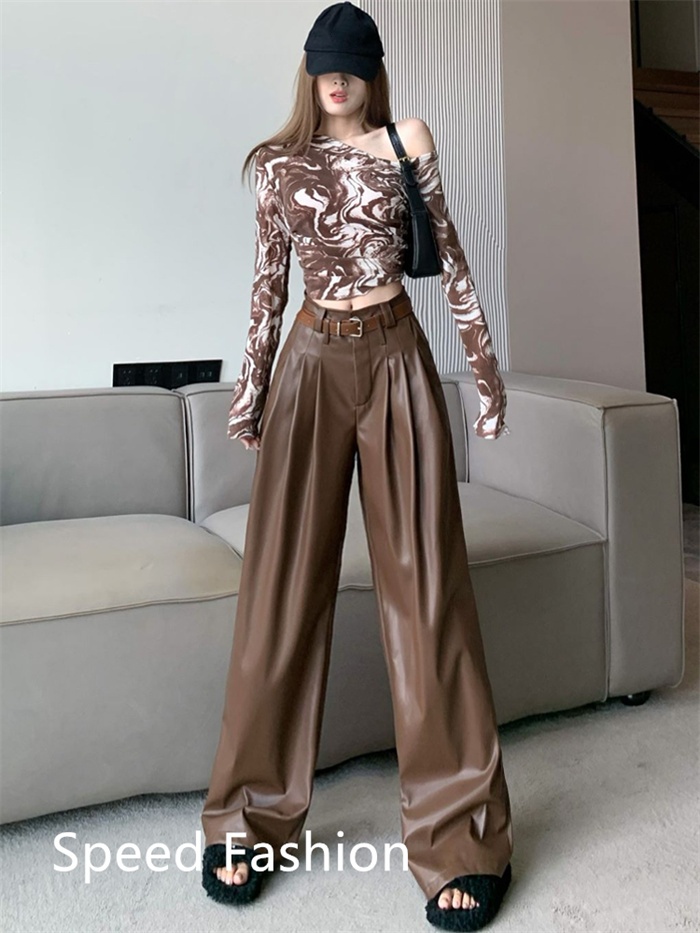 PU レザーワイドレッグパンツ レディース バギーパンツ ロング丈 ハイウエスト ワイドレッグパンツ ボ体型カバー 大人 ズボン カジュアル 