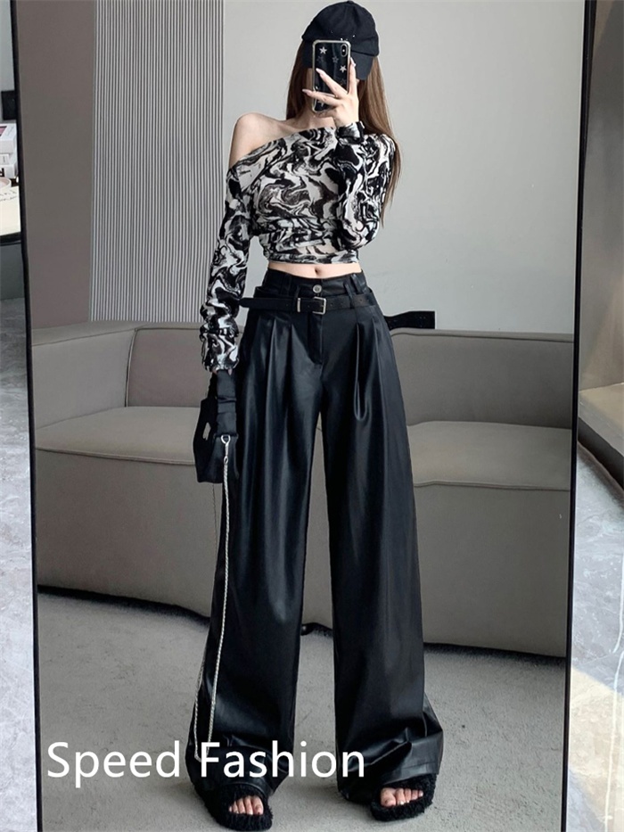 PU レザーワイドレッグパンツ レディース バギーパンツ ロング丈 ハイウエスト ワイドレッグパンツ ボ体型カバー 大人 ズボン カジュアル 