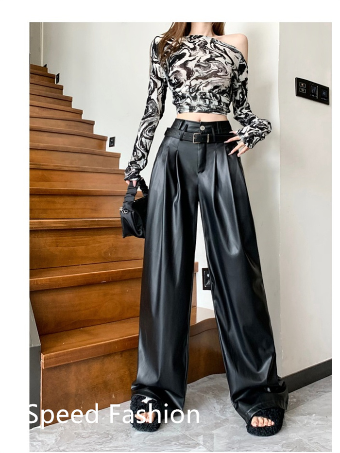 PU レザーワイドレッグパンツ レディース バギーパンツ ロング丈 ハイウエスト ワイドレッグパンツ ボ体型カバー 大人 ズボン カジュアル 