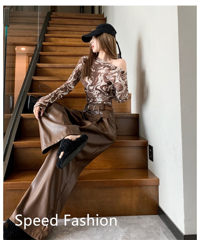 PU レザーワイドレッグパンツ レディース バギーパンツ ロング丈 ハイウエスト ワイドレッグパンツ ボ体型カバー 大人 ズボン カジュアル 