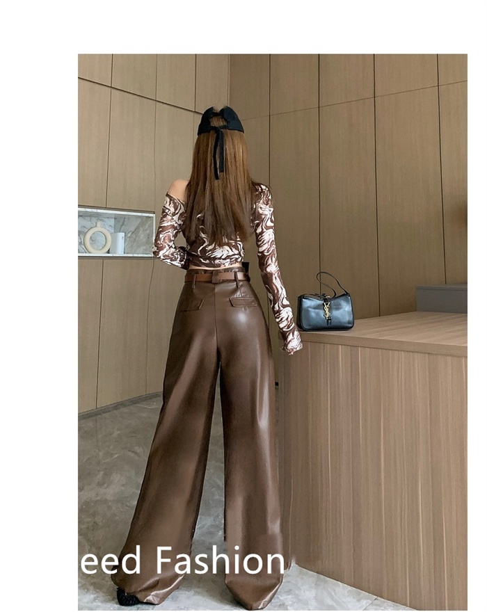 PU レザーワイドレッグパンツ レディース バギーパンツ ロング丈 ハイウエスト ワイドレッグパンツ ボ体型カバー 大人 ズボン カジュアル 