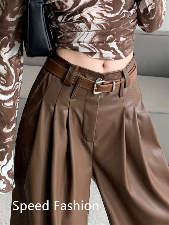 PU レザーワイドレッグパンツ レディース バギーパンツ ロング丈 ハイウエスト ワイドレッグパンツ ボ体型カバー 大人 ズボン カジュアル 