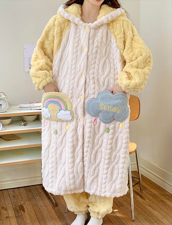 ルームウェア もこもこ パジャマ 冬 長袖 ナイトガウン 前開き 暖かい モコモコ 。 寝巻き 部屋着 あったか フード付き 着る毛布 