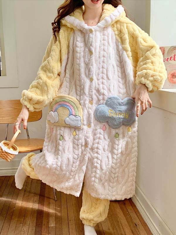 ルームウェア もこもこ パジャマ 冬 長袖 ナイトガウン 前開き 暖かい モコモコ 。 寝巻き 部屋着 あったか フード付き 着る毛布 