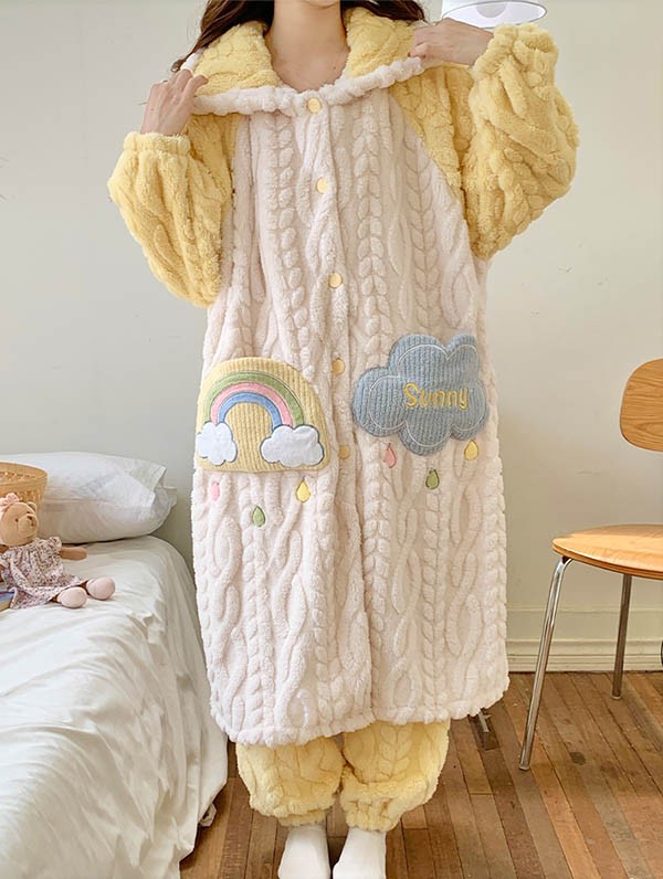 ルームウェア もこもこ パジャマ 冬 長袖 ナイトガウン 前開き 暖かい モコモコ 。 寝巻き 部屋着 あったか フード付き 着る毛布 