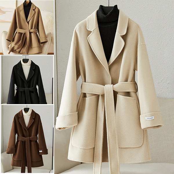 ウールハーフコート ミディアム ダブルポケット ウエストベルト 上品 大きいサイズ有り Sから3L 送料無料通勤通学20代30代40代50代60代 