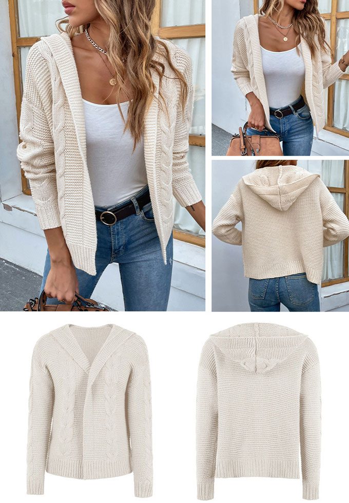 ニット カーディガン レディース 長袖 フード付き トップス ケーブルニット コート 秋 送料無料 羽織 冬 カジュアル ショート丈 アウター 前開き キレイめ 