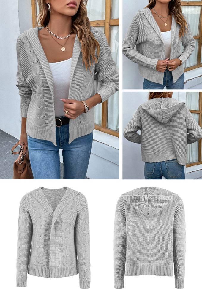ニット カーディガン レディース 長袖 フード付き トップス ケーブルニット コート 秋 送料無料 羽織 冬 カジュアル ショート丈 アウター 前開き キレイめ 