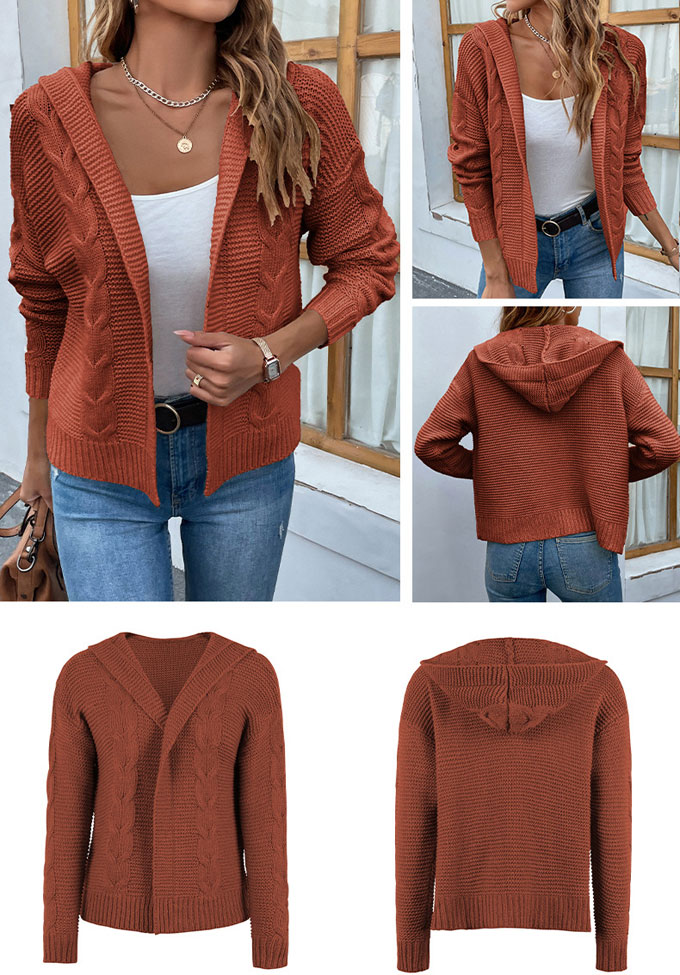 ニット カーディガン レディース 長袖 フード付き トップス ケーブルニット コート 秋 送料無料 羽織 冬 カジュアル ショート丈 アウター 前開き キレイめ 