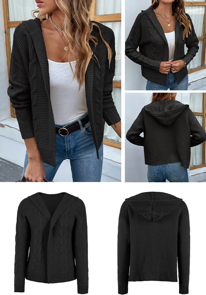 ニット カーディガン レディース 長袖 フード付き トップス ケーブルニット コート 秋 送料無料 羽織 冬 カジュアル ショート丈 アウター 前開き キレイめ 