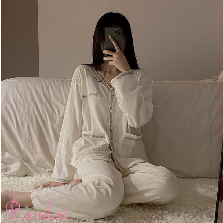 パジャマ レディース トップス パンツ 2点セット かわいい おしゃれ 春 薄手 秋 上下 セットアップ 長袖 ゆったり 部屋着 長袖 ルームウエア 前開き 