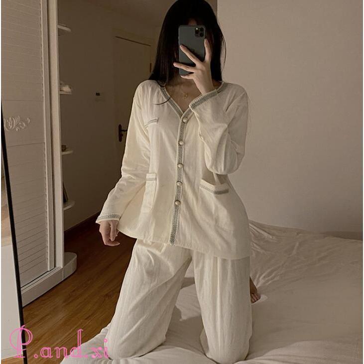 パジャマ レディース トップス パンツ 2点セット かわいい おしゃれ 春 薄手 秋 上下 セットアップ 長袖 ゆったり 部屋着 長袖 ルームウエア 前開き 