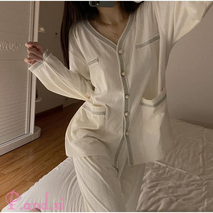 パジャマ レディース トップス パンツ 2点セット かわいい おしゃれ 春 薄手 秋 上下 セットアップ 長袖 ゆったり 部屋着 長袖 ルームウエア 前開き 