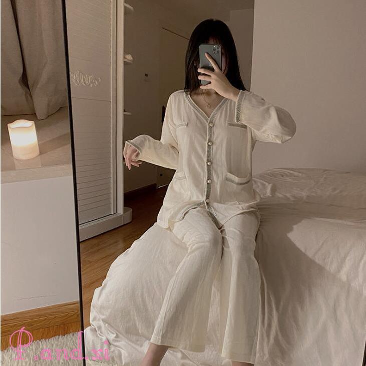 パジャマ レディース トップス パンツ 2点セット かわいい おしゃれ 春 薄手 秋 上下 セットアップ 長袖 ゆったり 部屋着 長袖 ルームウエア 前開き 