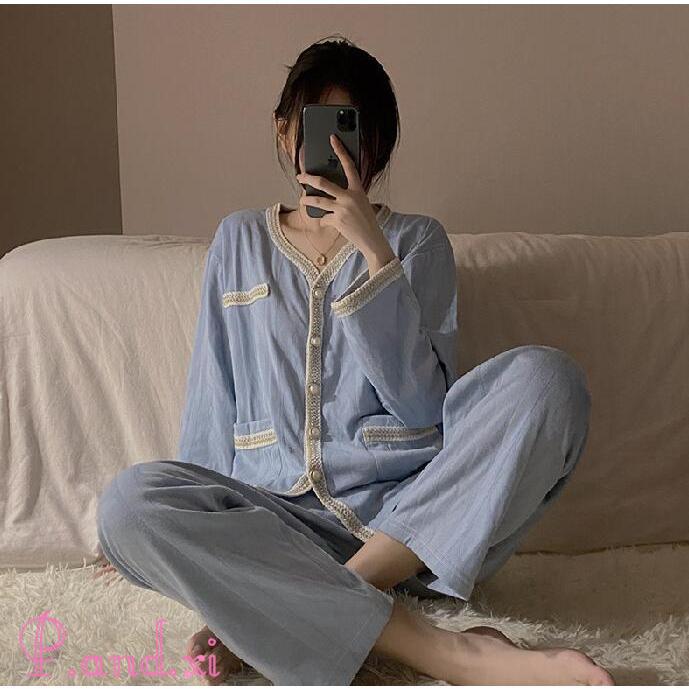 パジャマ レディース トップス パンツ 2点セット かわいい おしゃれ 春 薄手 秋 上下 セットアップ 長袖 ゆったり 部屋着 長袖 ルームウエア 前開き 