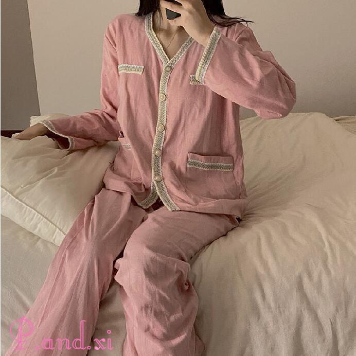 パジャマ レディース トップス パンツ 2点セット かわいい おしゃれ 春 薄手 秋 上下 セットアップ 長袖 ゆったり 部屋着 長袖 ルームウエア 前開き 